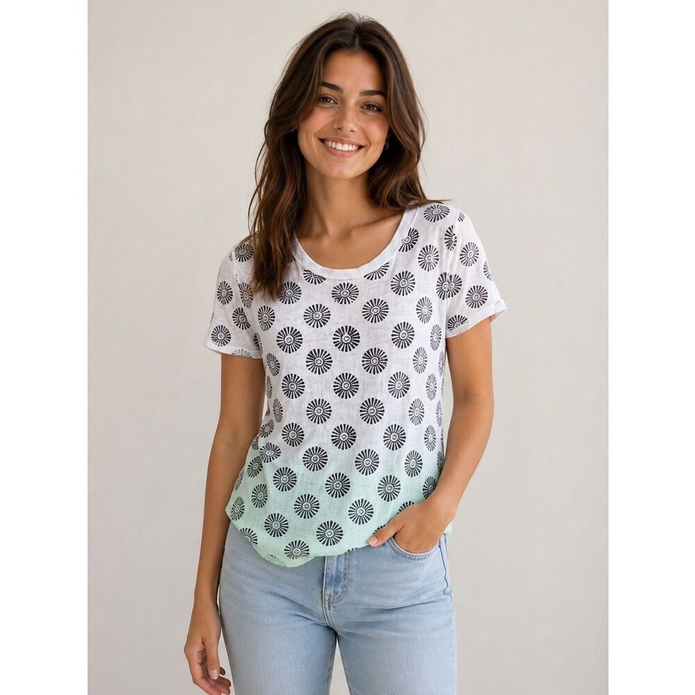 J. Crew Short Sleeve Knit Top in White with Black Sunburst Motif